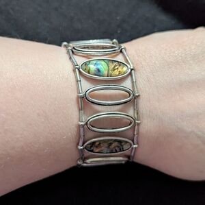 Silver Tone and Abalone Shell Oval Beaded Stretchy Elastic Statement Bracelet